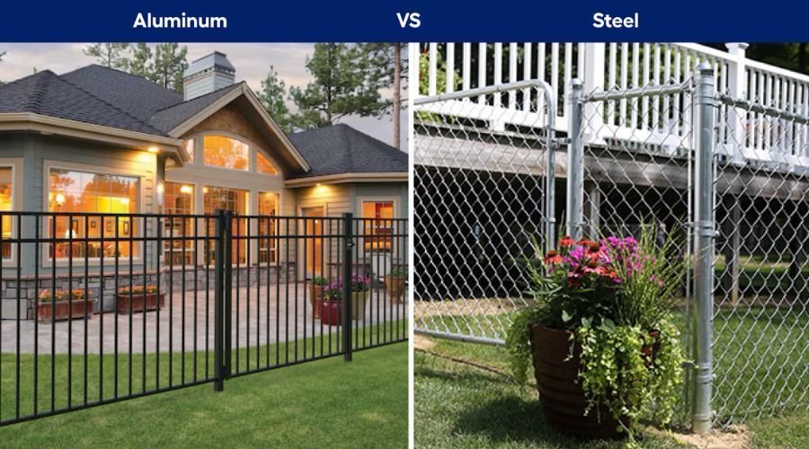 A side-by-side comparison of fencing materials: a decorative black aluminum picket fence on the left