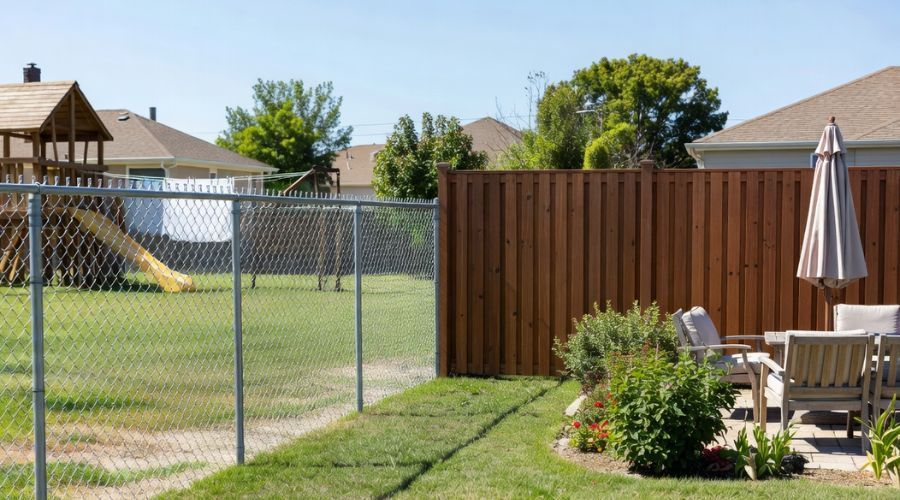 A backyard with a chain-link fence, wooden fence, play structure, and patio furniture under a parasol.