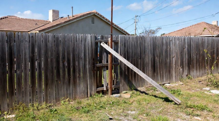 Wooden fence in a yard with a leaning board and pole. Houses and blue sky in the background.