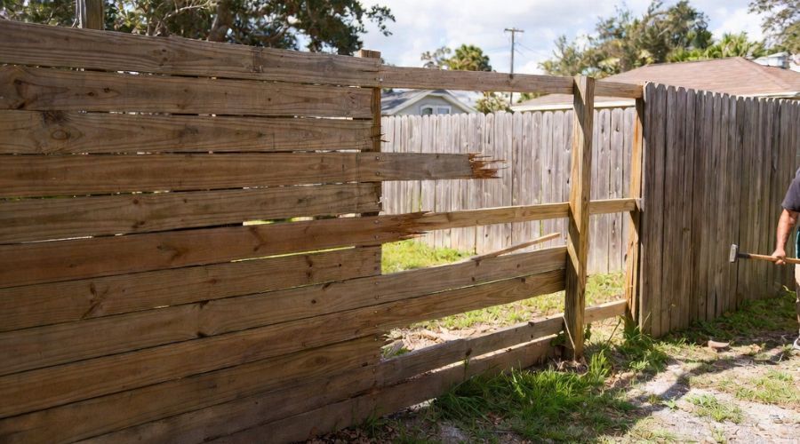 A wooden fence with damaged planks being hammered apart, in a grassy yard.