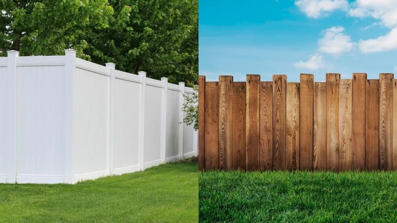 White vinyl fence and weathered wooden fence, both enclosing green grass.