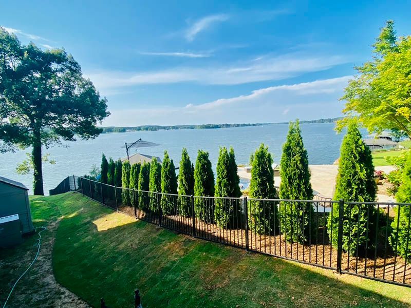 A fence surrounds a yard with trees and a view of a lake.
