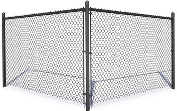 A chain link fence with a gate on a white background.