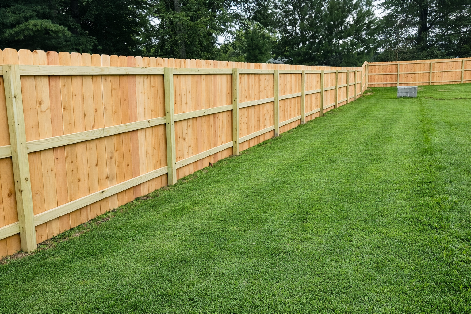 A long, new wooden privacy fence borders a well-maintained green lawn under an overcast sky.