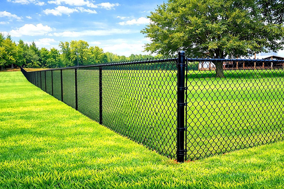 A black chain-link fence encloses a green grassy lawn under a blue sky with scattered clouds and a large tree in the back.