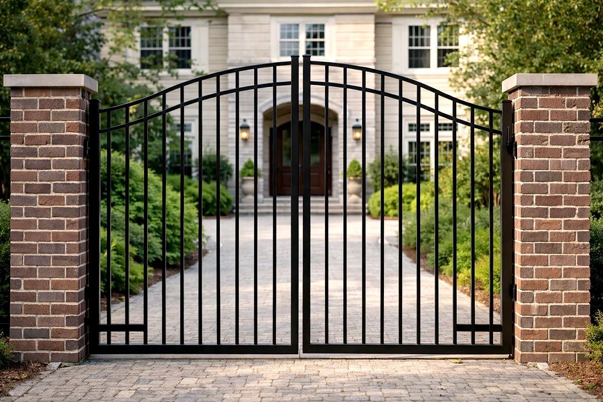 A black arched metal driveway gate stands between two brick columns, with a glimpse of a house and garden in the background.