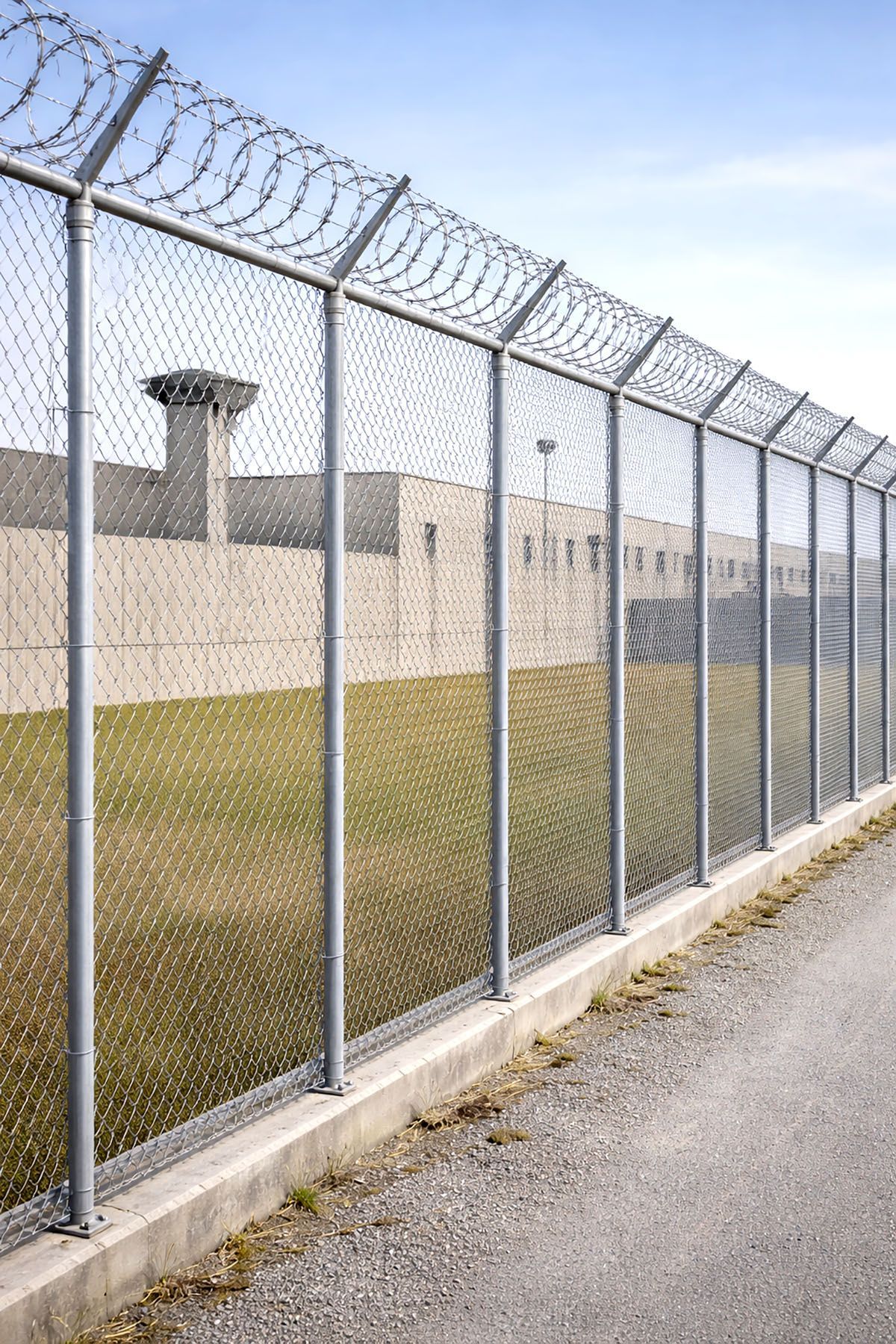 A tall chain-link fence with concertina wire topping, running along a concrete wall and guard tower of a prison facility.