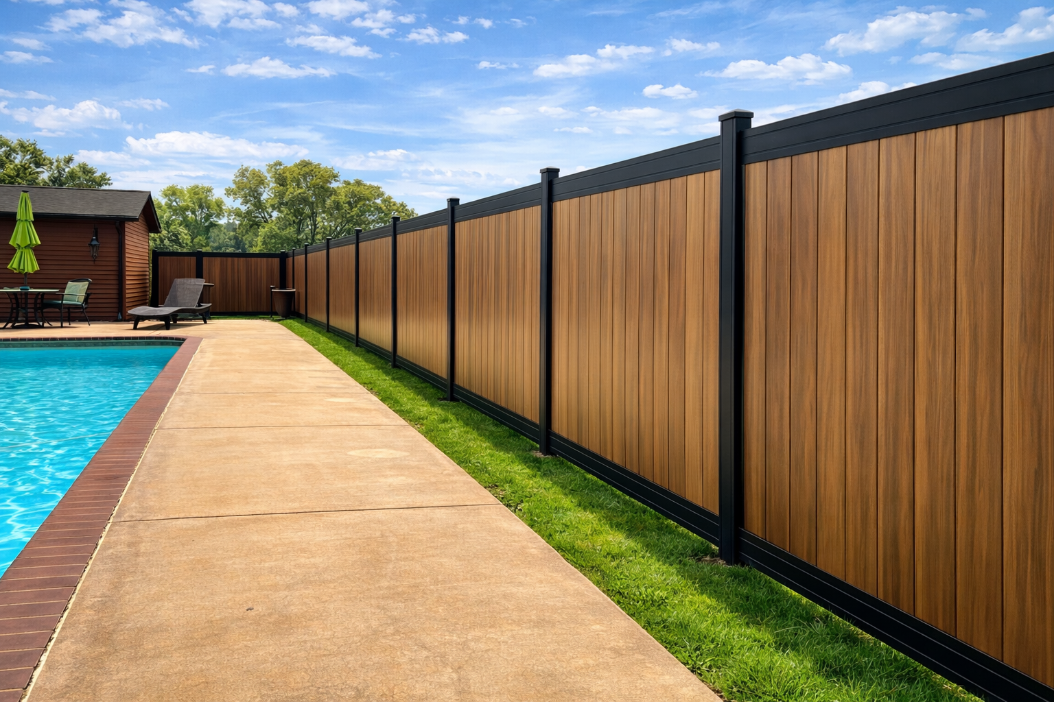 A swimming pool patio lined by a tall, modern fence with vertical wood-tone planks framed by black horizontal rails.