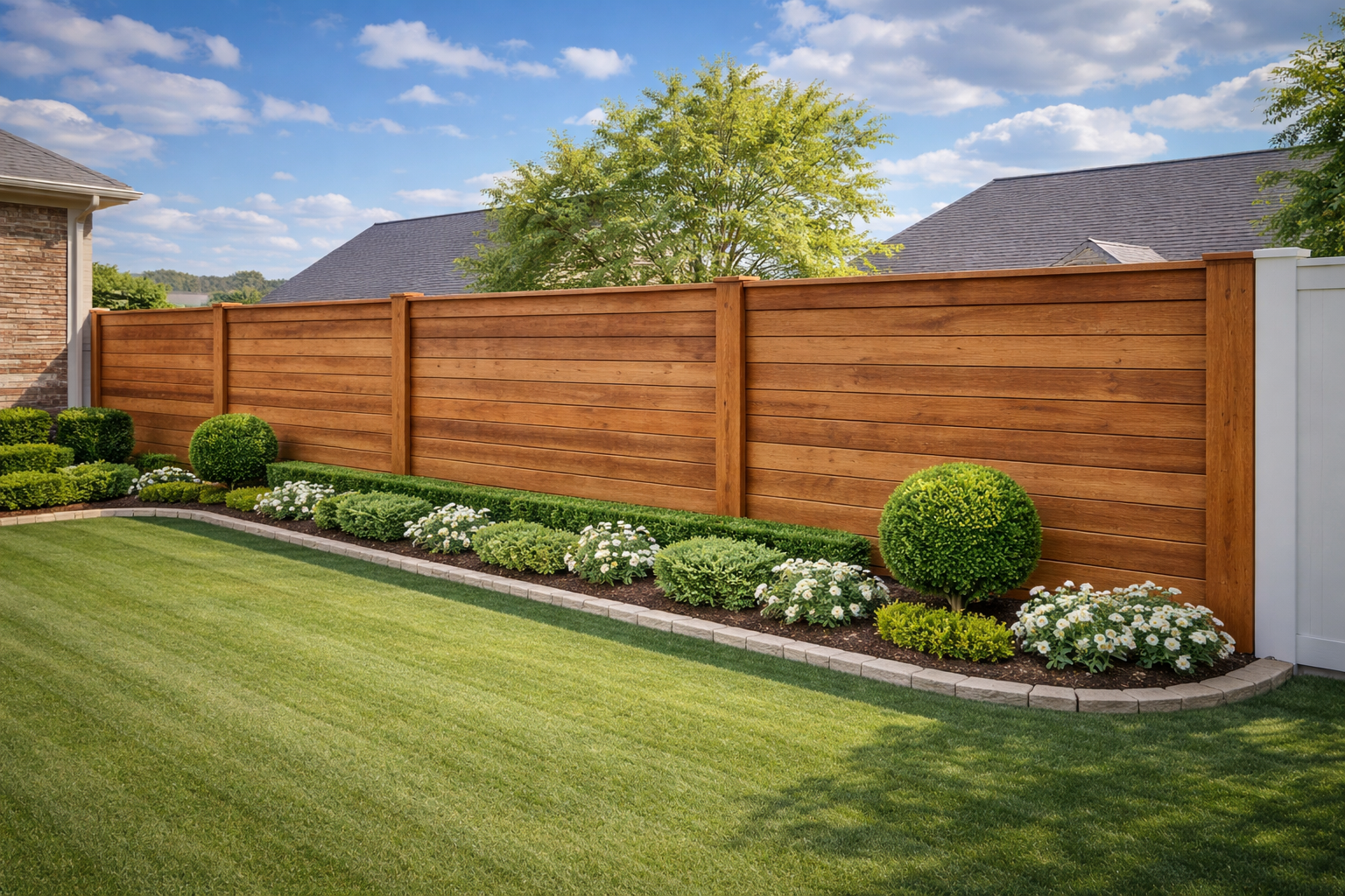 A landscaped backyard featuring a horizontal wooden fence, a manicured green lawn, and neatly trimmed shrubbery.
