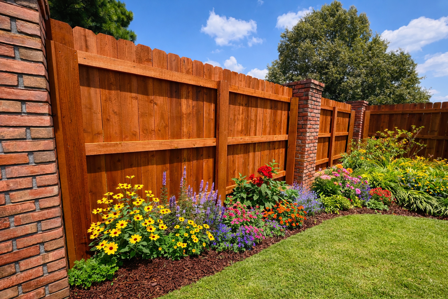 A wooden fence with brick pillars stands behind a vibrant flower bed and a green lawn under a sunny, blue sky.