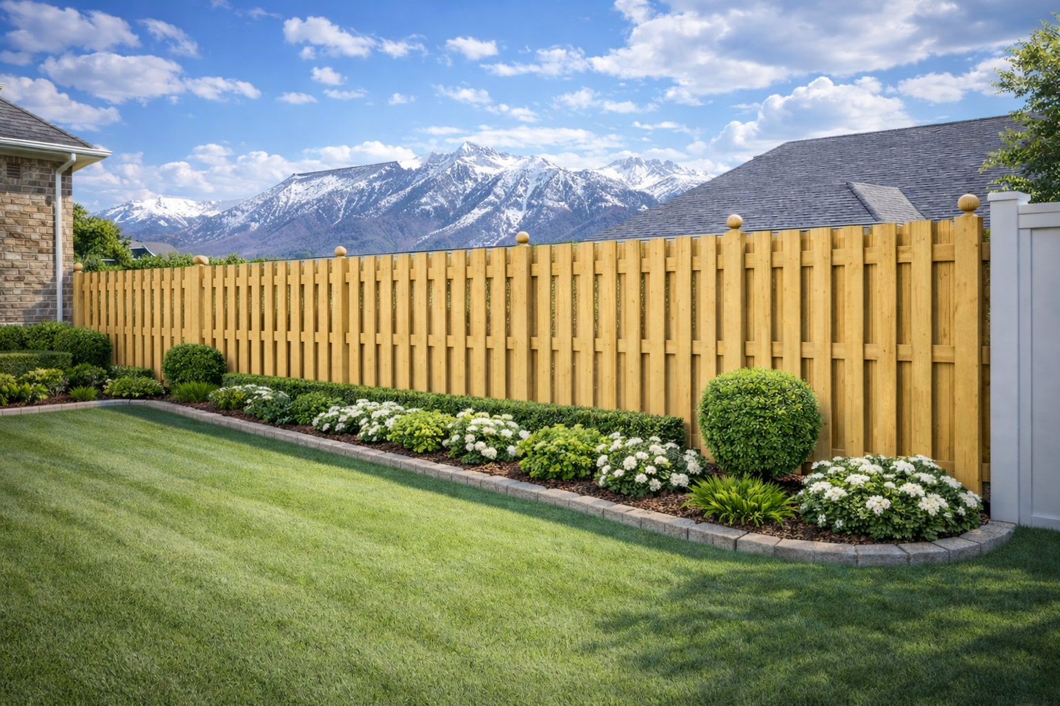 A sunny backyard with a lush green lawn, a wooden picket fence, flowerbeds, and snow-capped mountains in the distance.