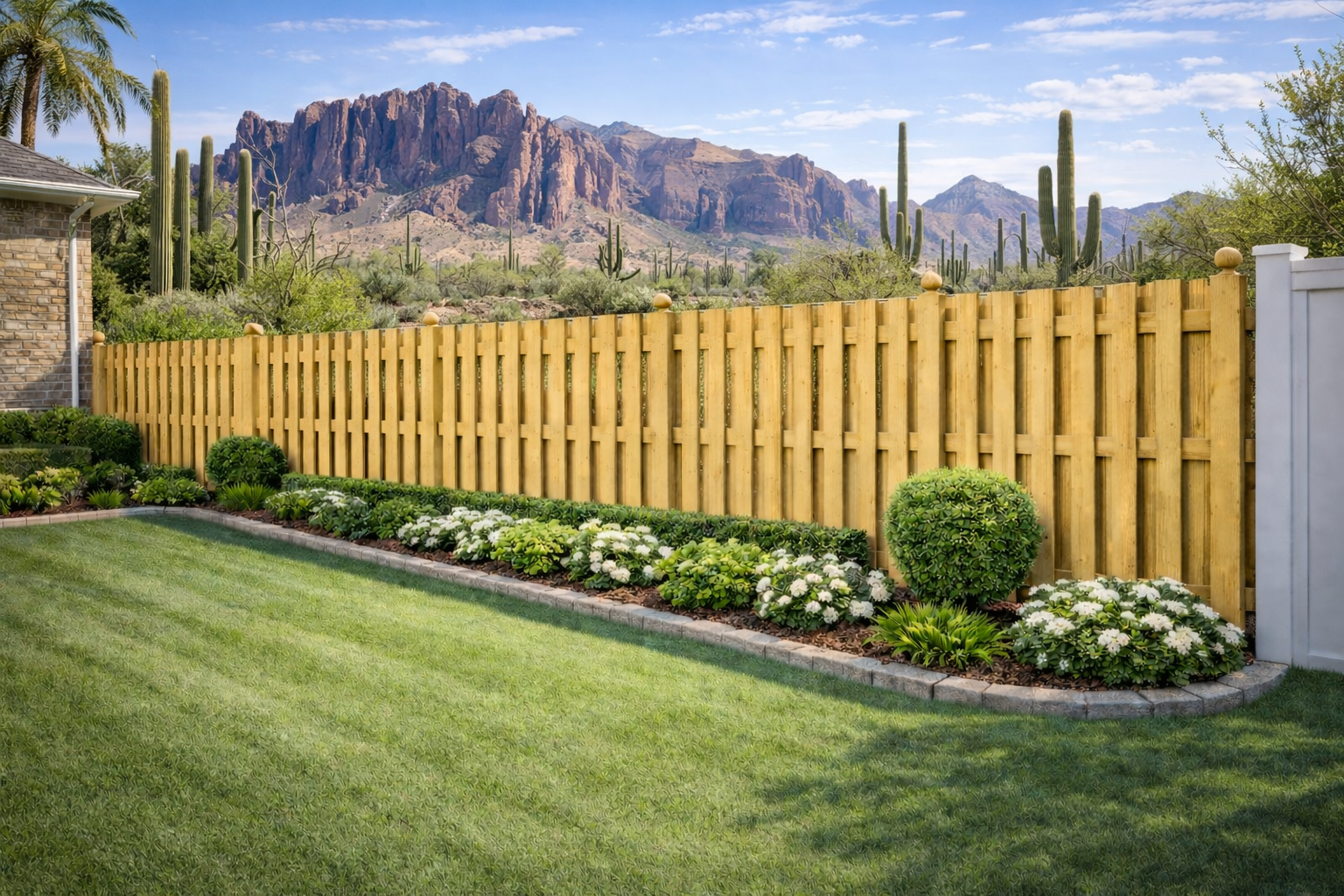 A manicured lawn with a curved flower bed, wooden fence, and saguaro cacti against a backdrop of desert mountains.