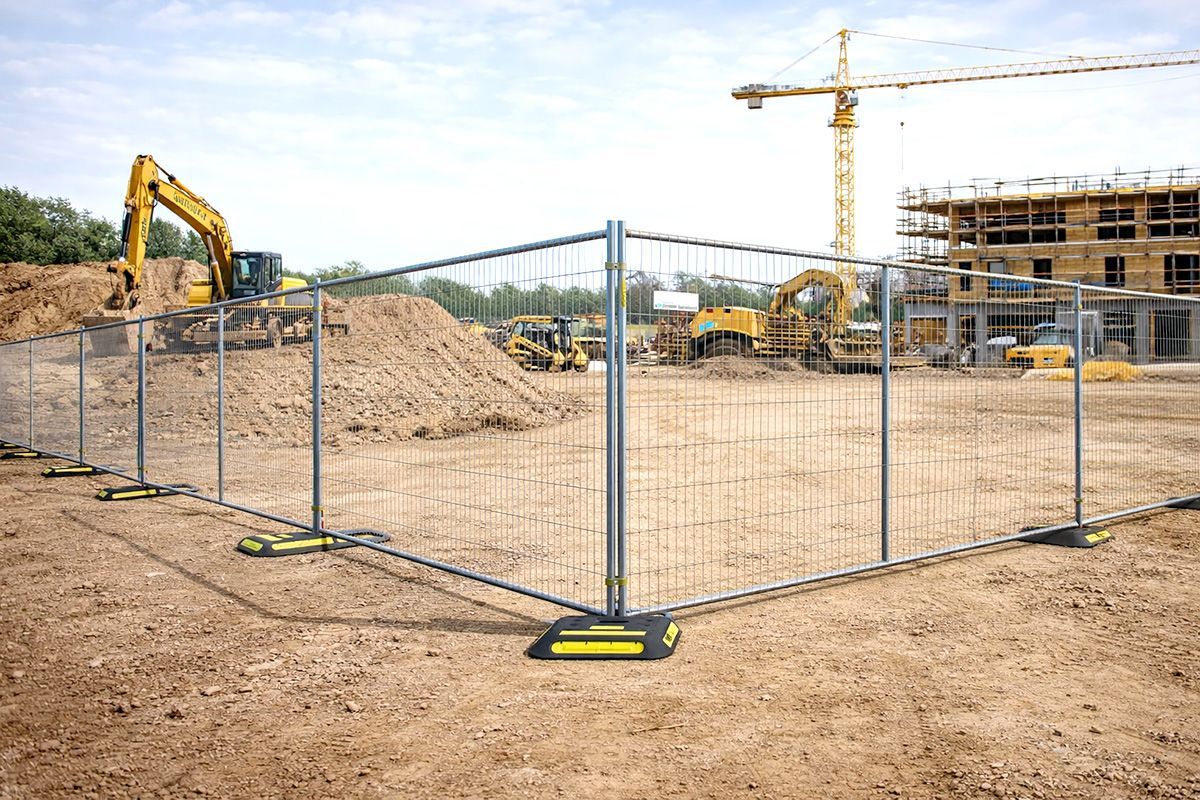 Construction site with a metal wire fence in the foreground, earth piles, yellow heavy machinery, and a building frame.
