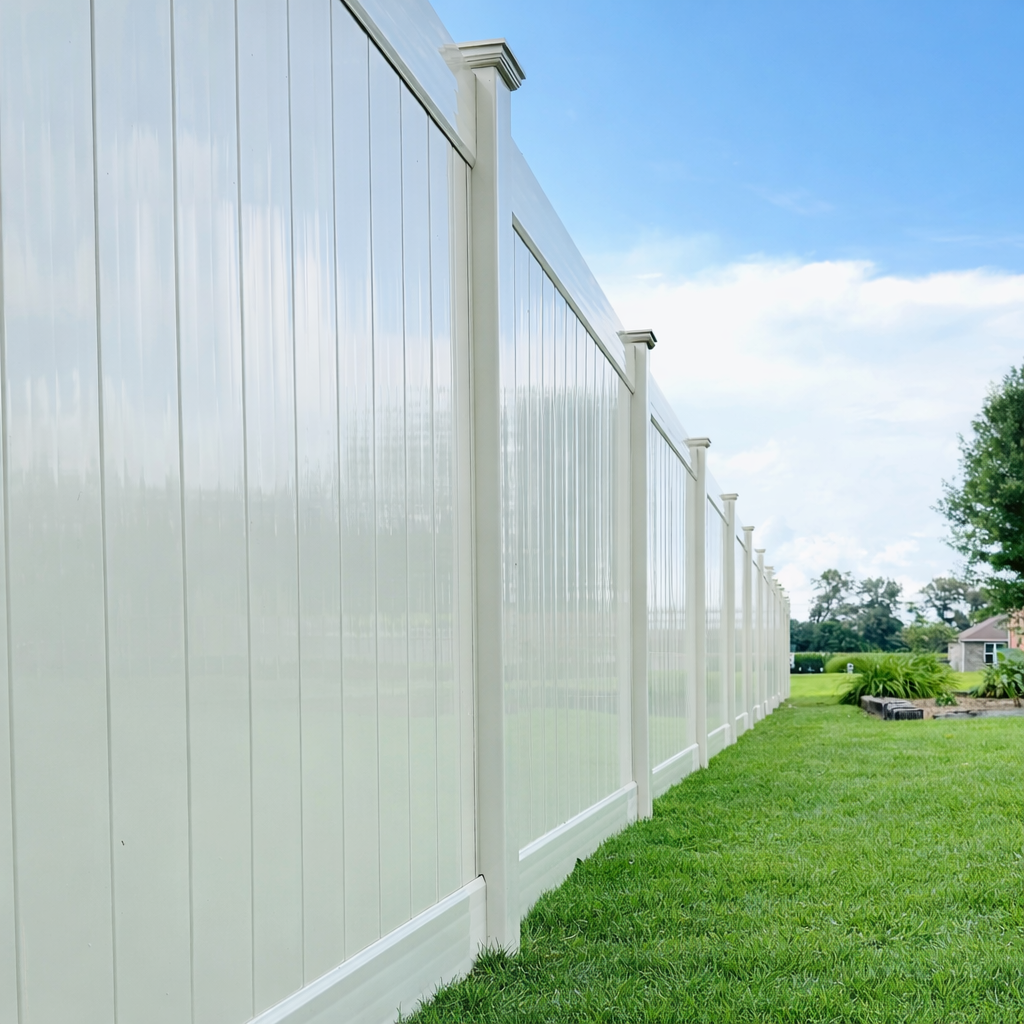 A long white vinyl privacy fence stands in a grassy yard under a blue sky.