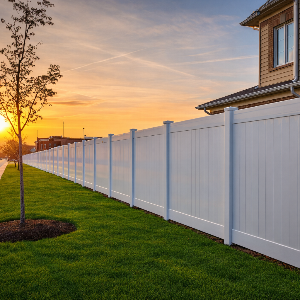 A long white privacy fence stretches alongside a green lawn under a golden sunset sky next to a house.