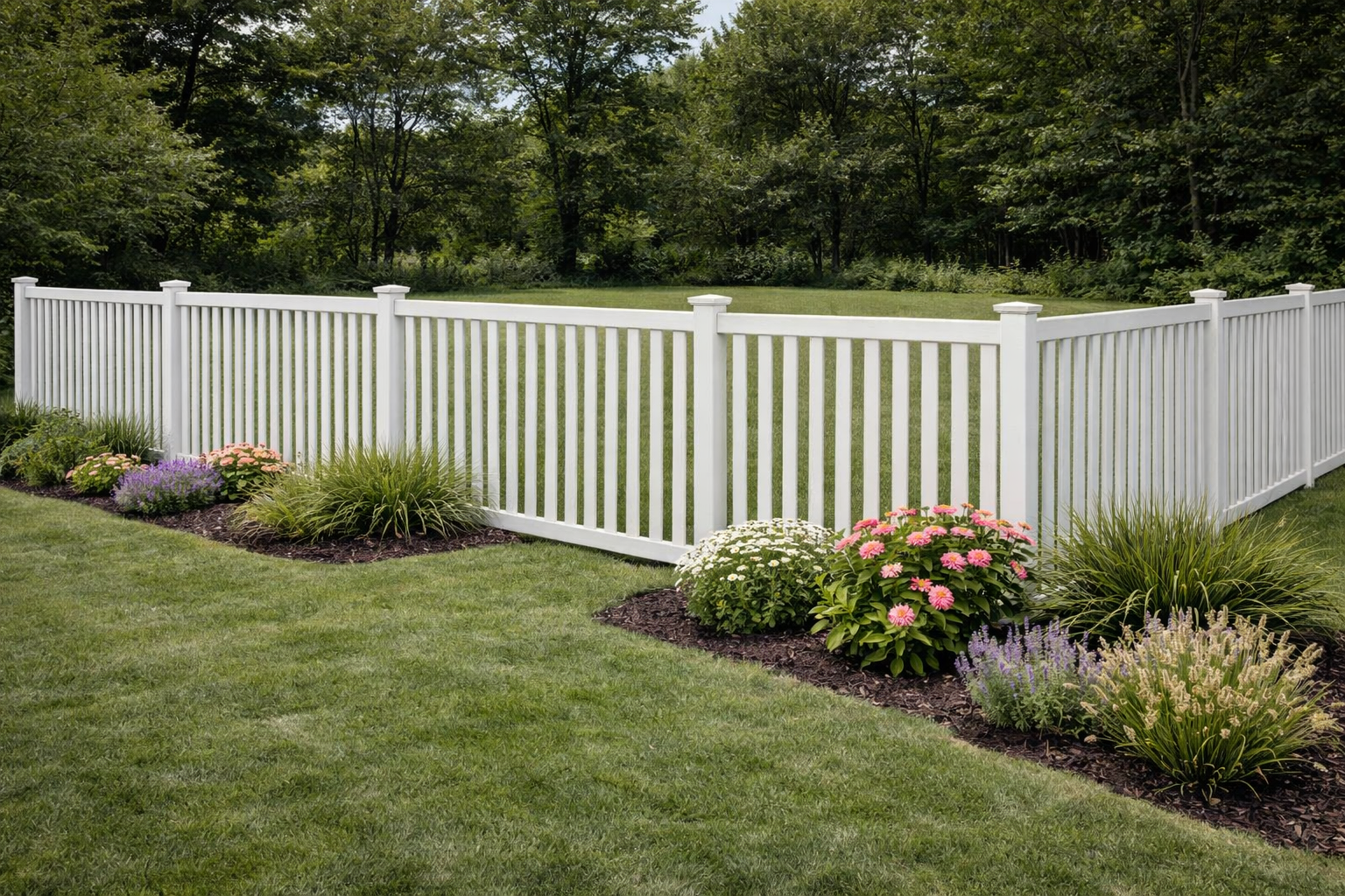 A white vinyl picket fence borders a green lawn with a garden bed featuring colorful flowers and shrubs.