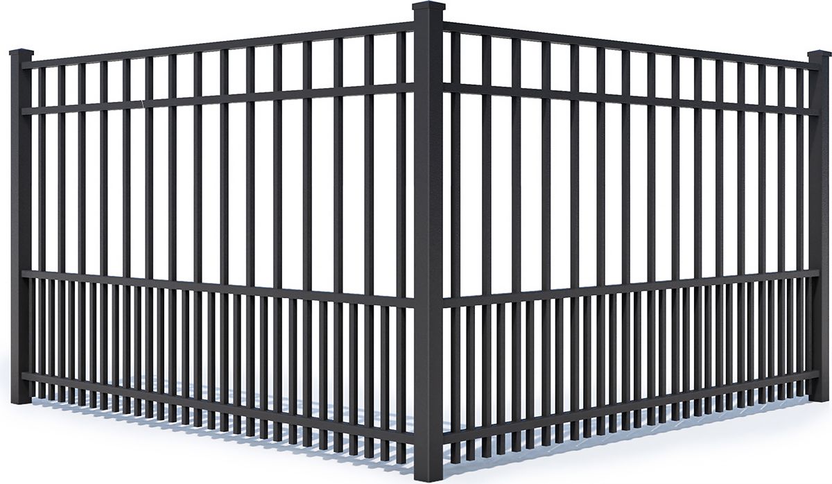 Black aluminum fence panels forming a corner, featuring tall vertical pickets with shorter intermediate pickets below.
