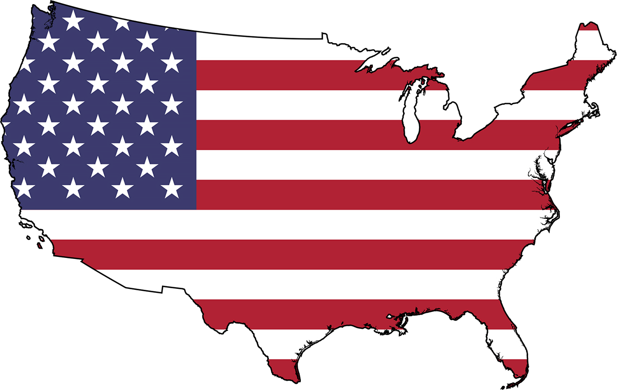 A white silhouette map of the contiguous United States filled with the red, white, and blue American flag pattern.