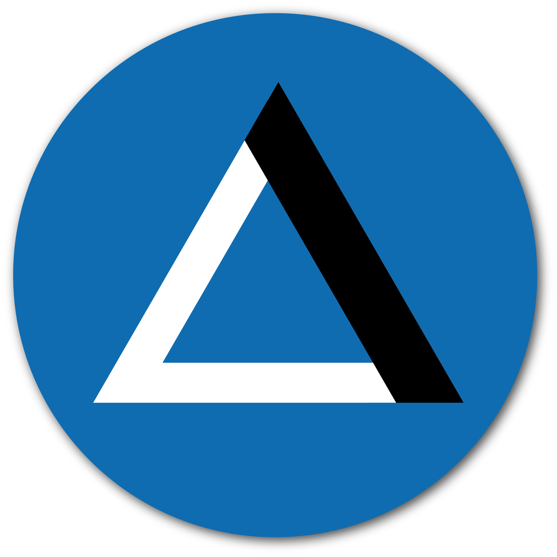 A blue circle with a white triangle in the middle