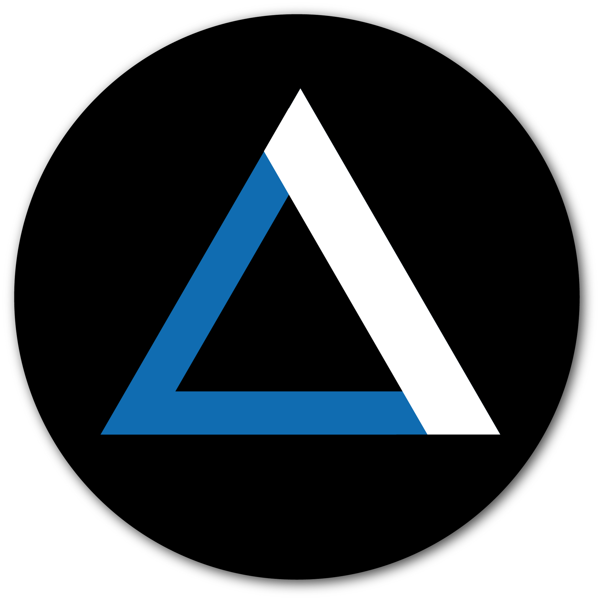 A blue and white triangle in a black circle