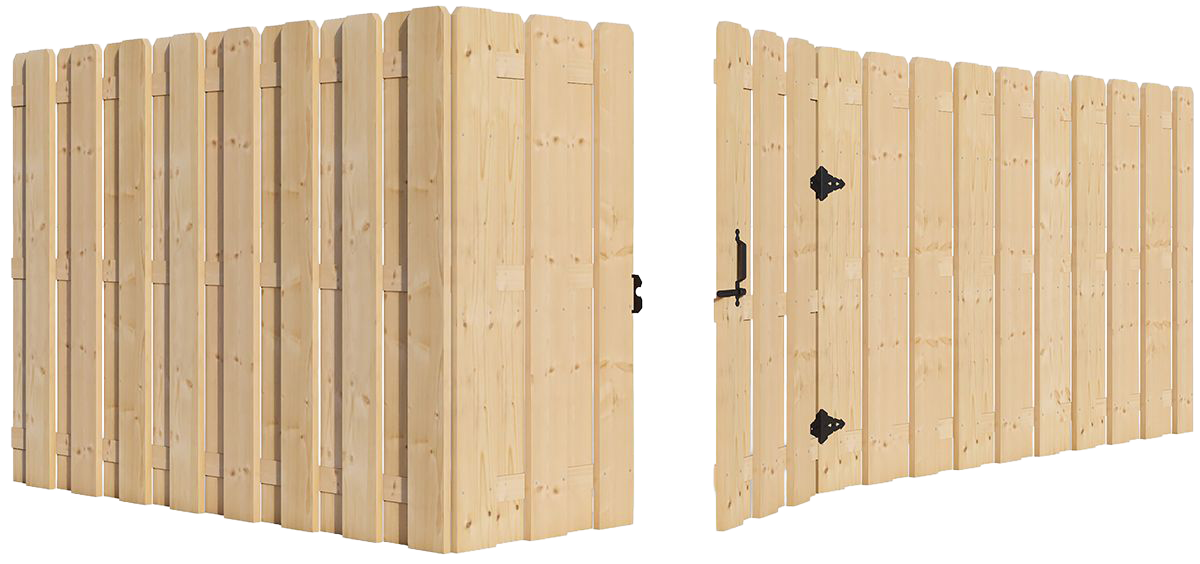 A wooden fence with a gate attached to it on a white background.