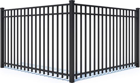A black metal fence with a shadow on a white background.