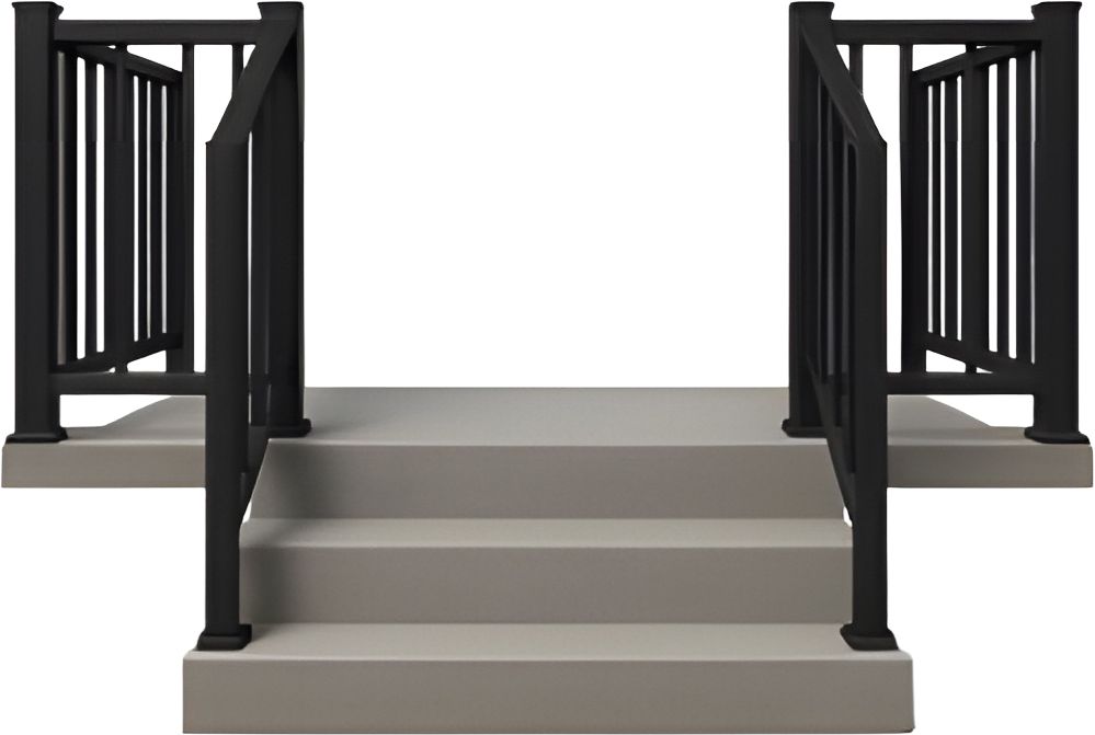 A staircase with a black railing and steps on a white background.