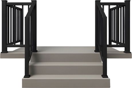 A staircase with a black railing and steps on a white background.