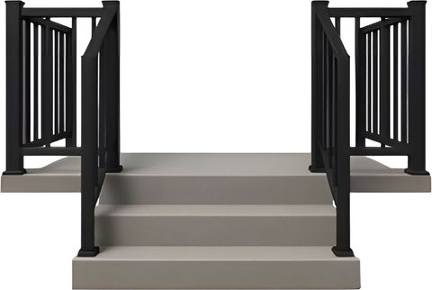 A staircase with a black railing and steps on a white background.