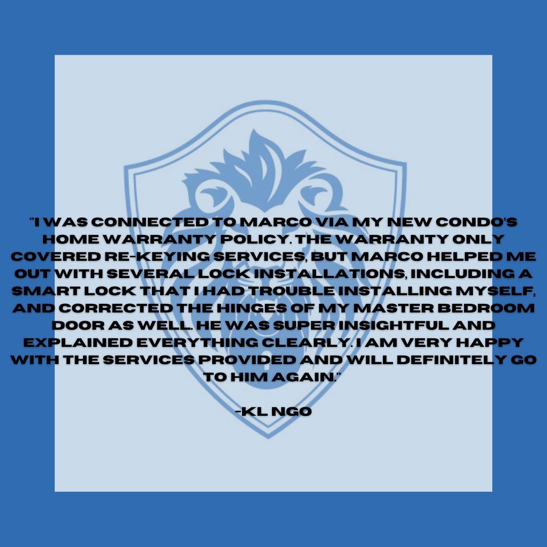 Testimonial on blue background: text within a shield logo about Marco's lock services and helpfulness; signed KL Ngo.
