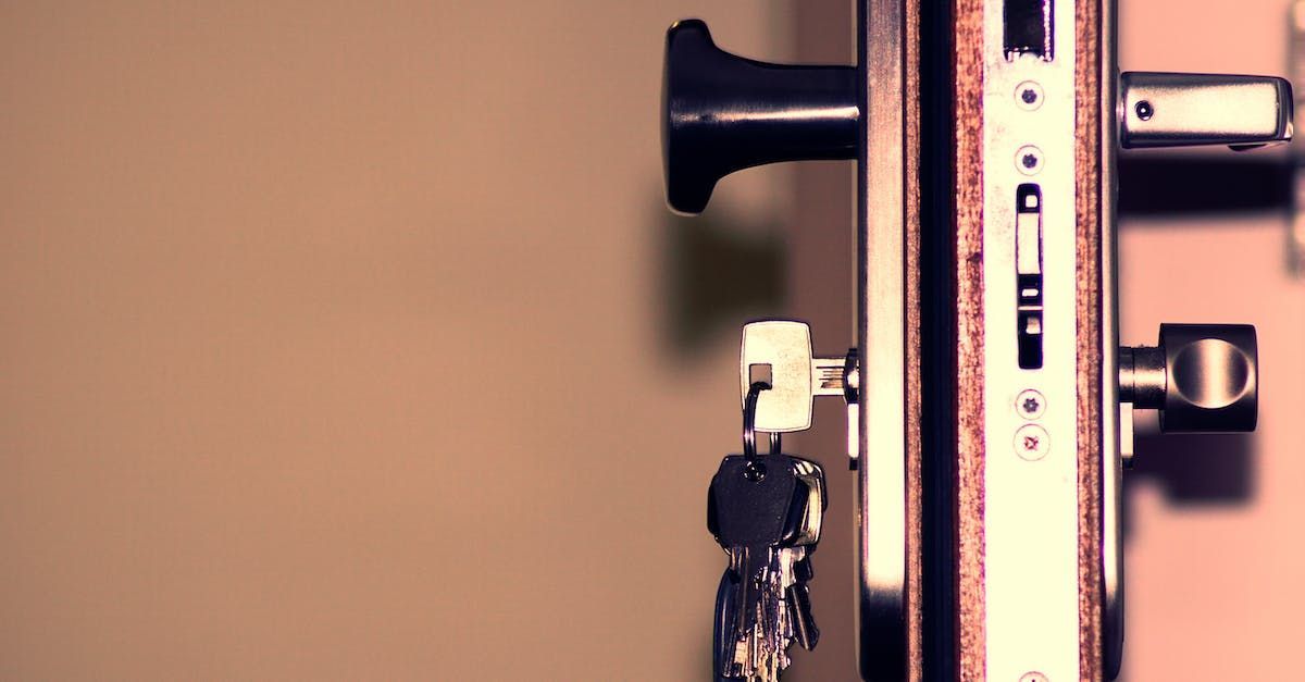 Close-up of a door lock with a key inserted. Brown door frame with black handle and silver lock details.