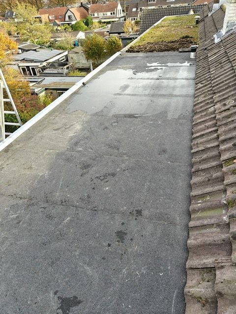 Plat zwart dak naast een pannendak, met op de achtergrond een stadsgezicht.