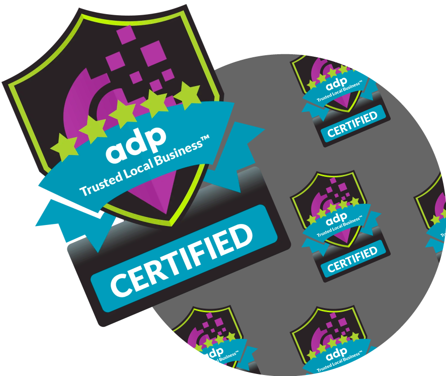 a sticker that says adp trusted local business certified