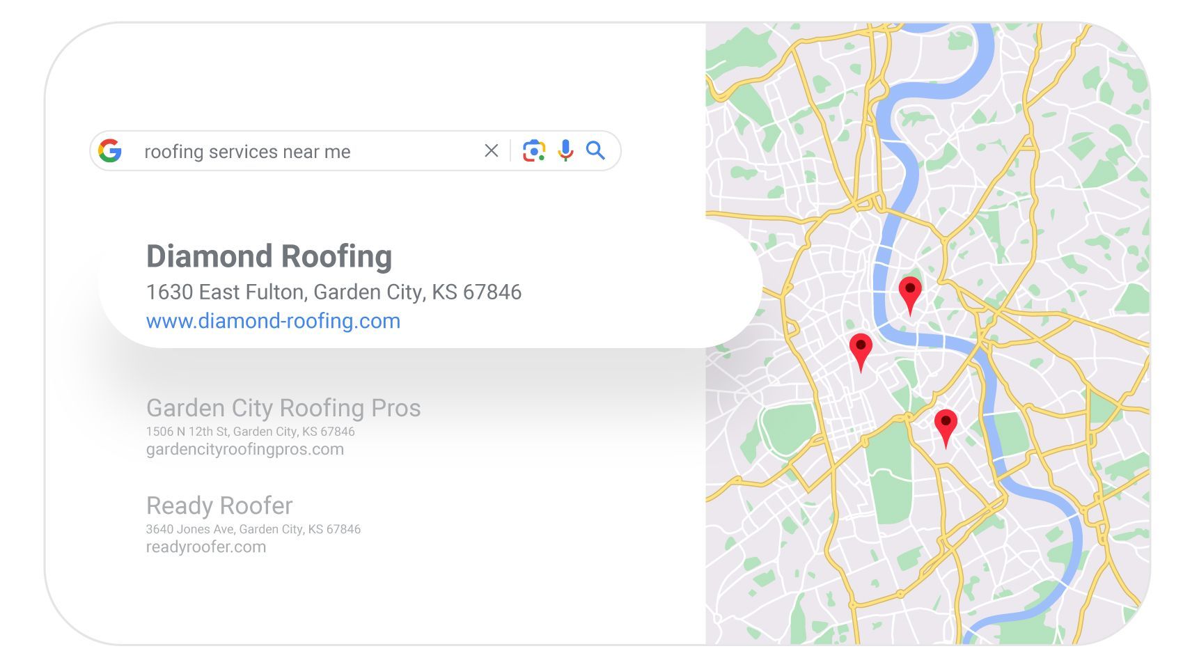 a business card for diamond roofing is shown on a google map .