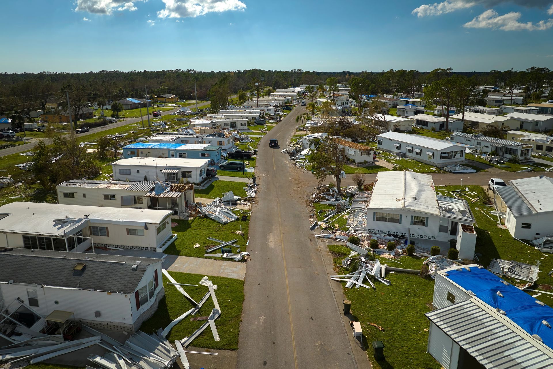 An aerial view of a mobile home park after a hurricane.