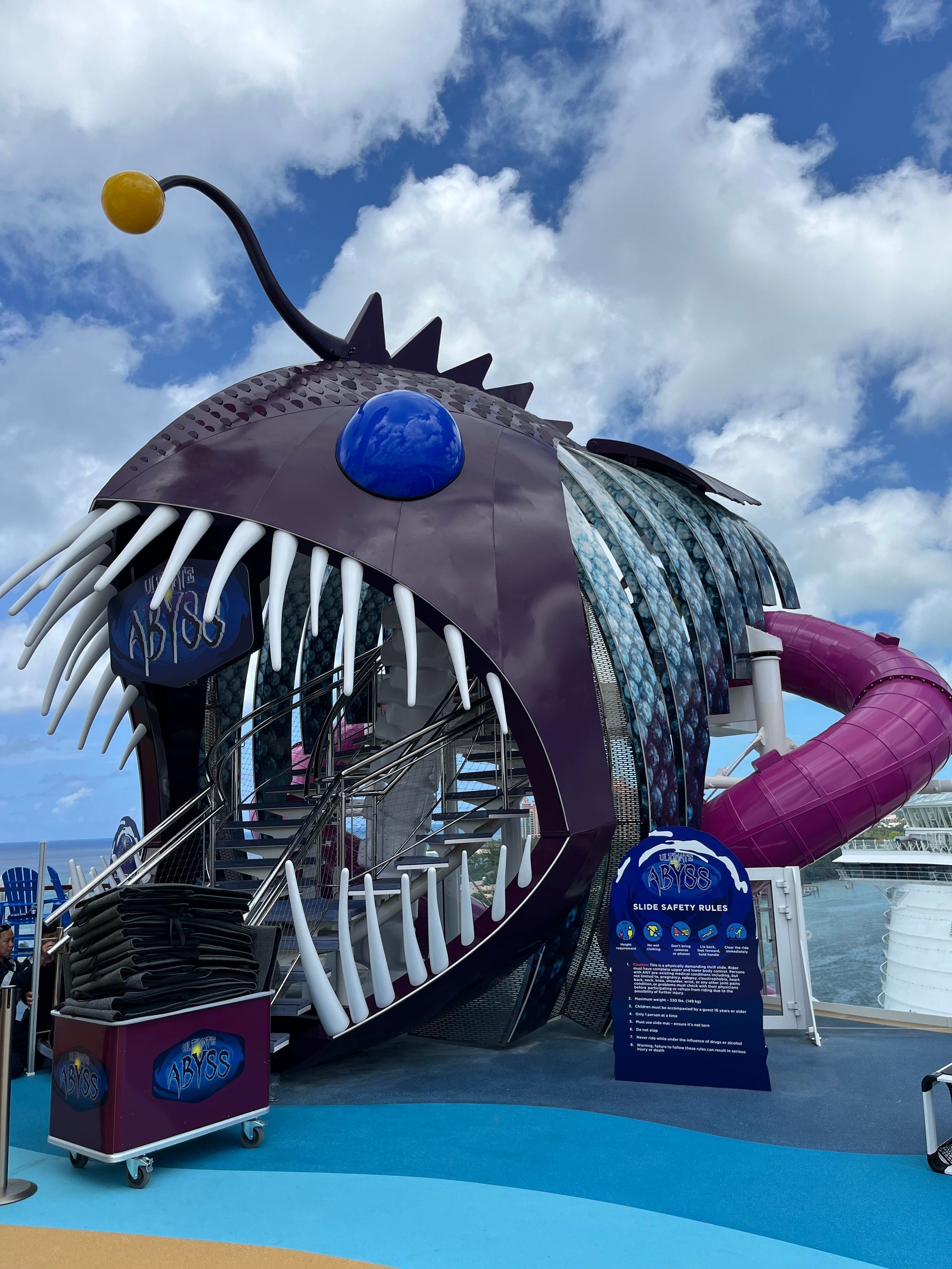 Giant anglerfish-shaped water slide structure with purple and blue elements, on a cruise ship deck.