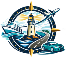 TravelEdge Travel logo: lighthouse, plane, cruise ship, car, and compass.