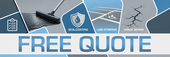 Blue, gray and white Free Quote form with images of sealcoating squeegie, parking stripes, cracked asphalt.