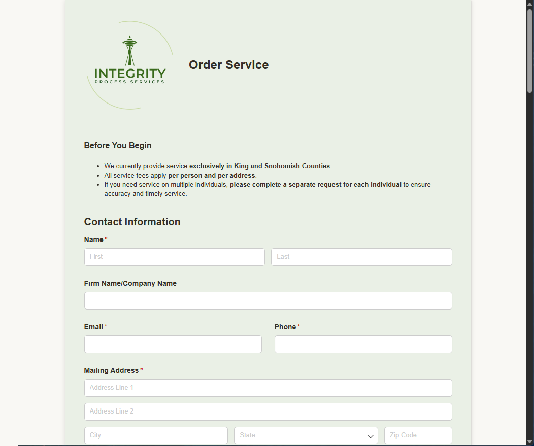 Order service form with contact information fields.
