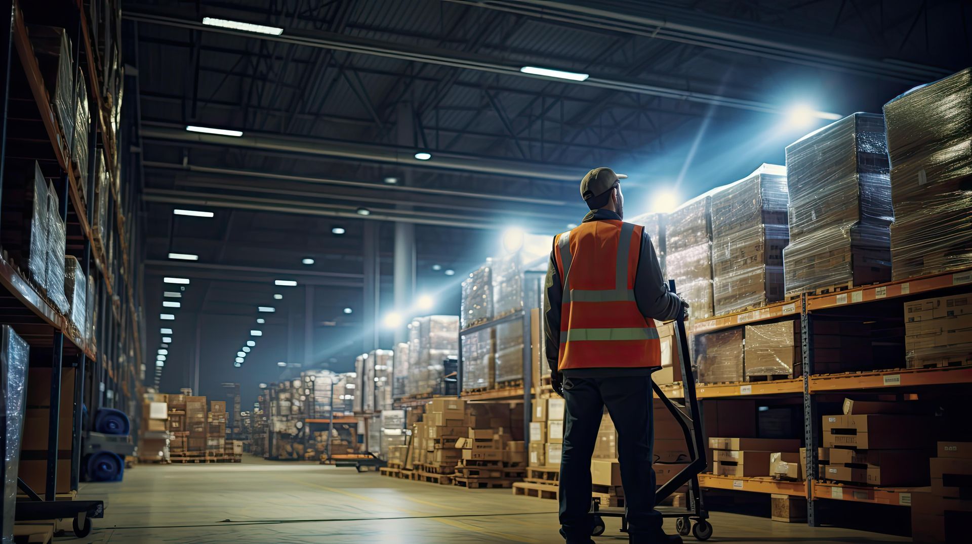 Warehouse worker in high-visibility vest operating a pallet jack in a large distribution facility illuminated by overhead LED lighting