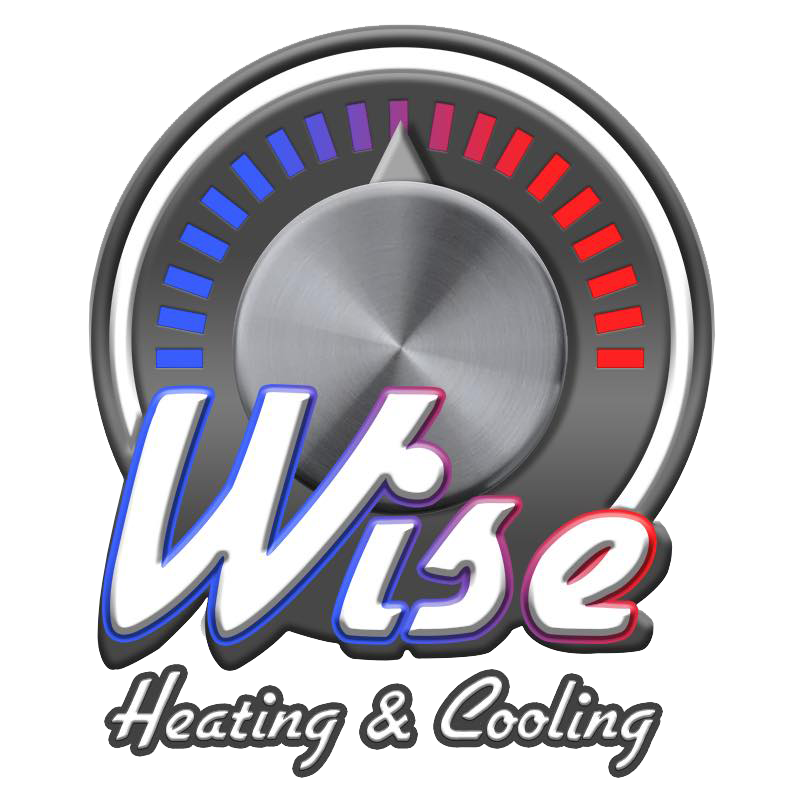 Logo: Silver dial with blue-to-red temperature gauge, "Wise" in blue and red text, "Heating & Cooling" below.