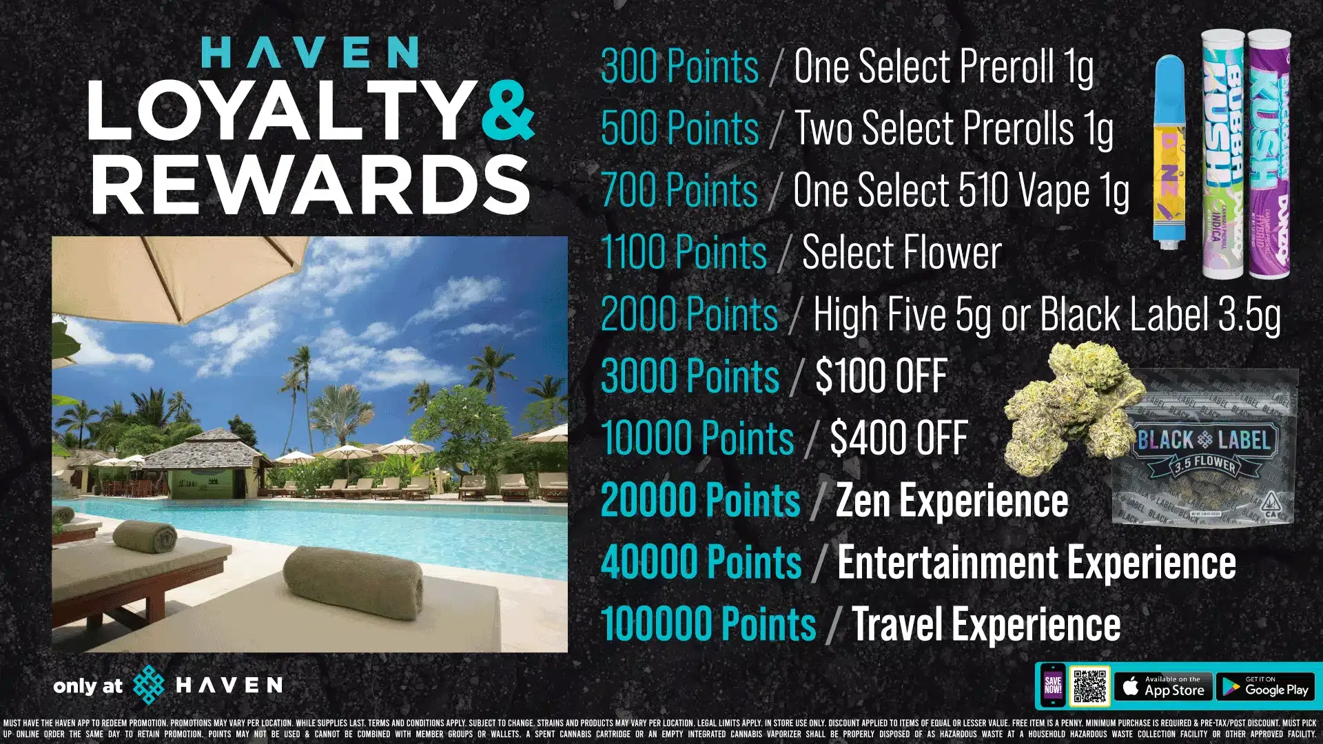Haven dispensary loyalty program rewards: points for products and experiences.