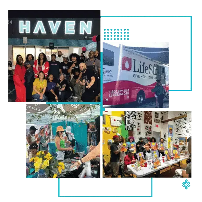 Four images: group outside Haven store, blood donation bus, marketplace, people at art table.