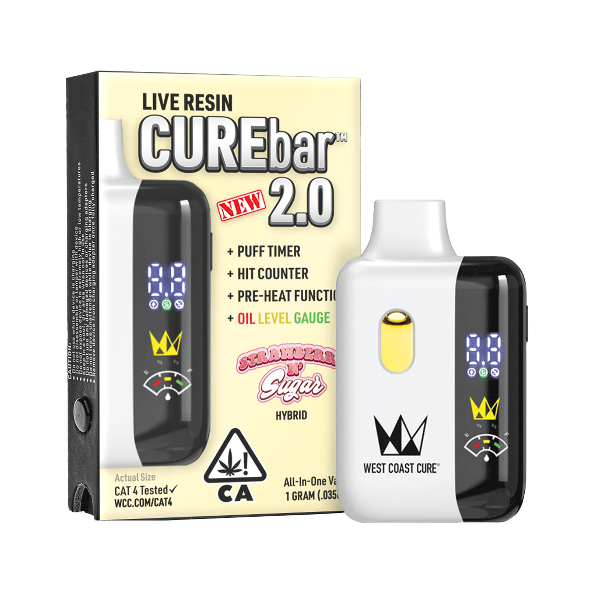 Box and vape pen: West Coast Cure "Curebar 2.0" with "strawberry n'sugar" Hybrid live resin.