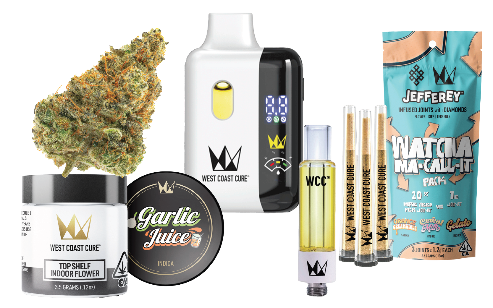 Box and vape pen: West Coast Cure "Curebar 2.0" with "510 cart" Hybrid and Indica live resin and premium thc oil.