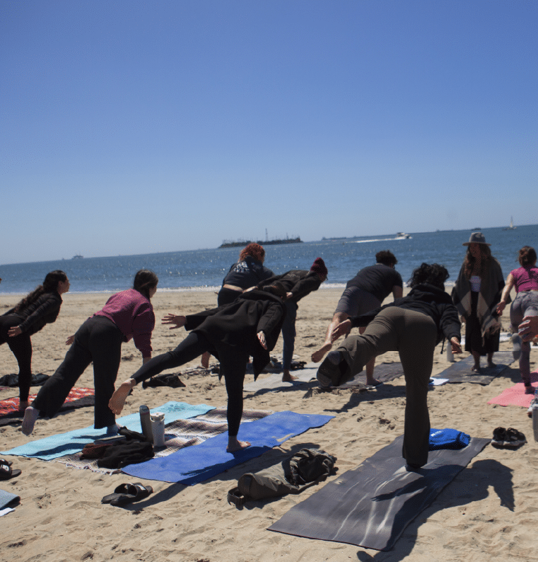 People doing yoga on a sunny beach, practicing balancing poses, with the ocean in the background.