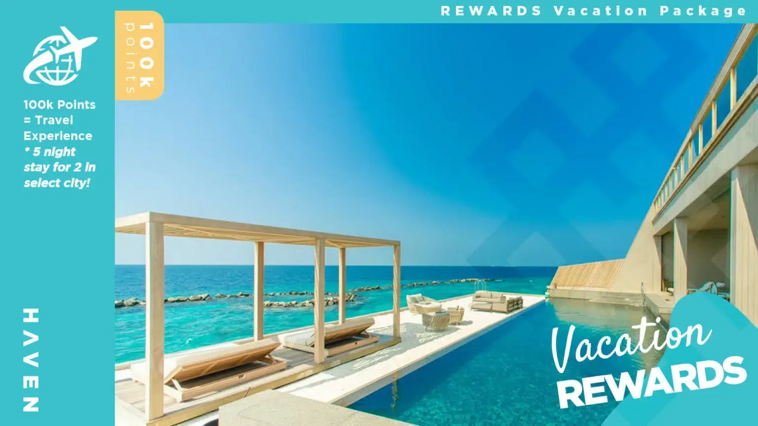 Vacation package ad: pool overlooking ocean, text 