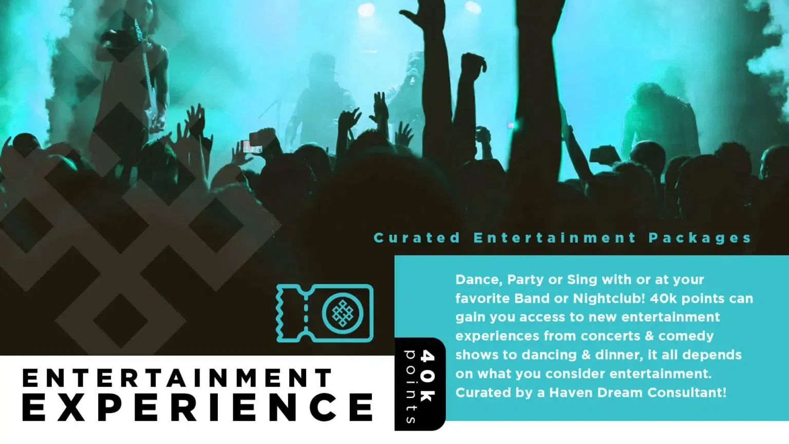 Crowd at a concert with teal and black tones.  Text: 