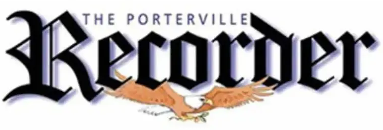 Logo of The Porterville Recorder newspaper; black gothic letters, eagle illustration.