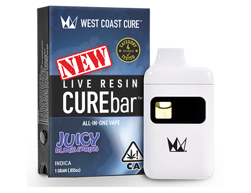 Box and vape pen: West Coast Cure "Curebar" with "Juicy Berries" Indica live resin.